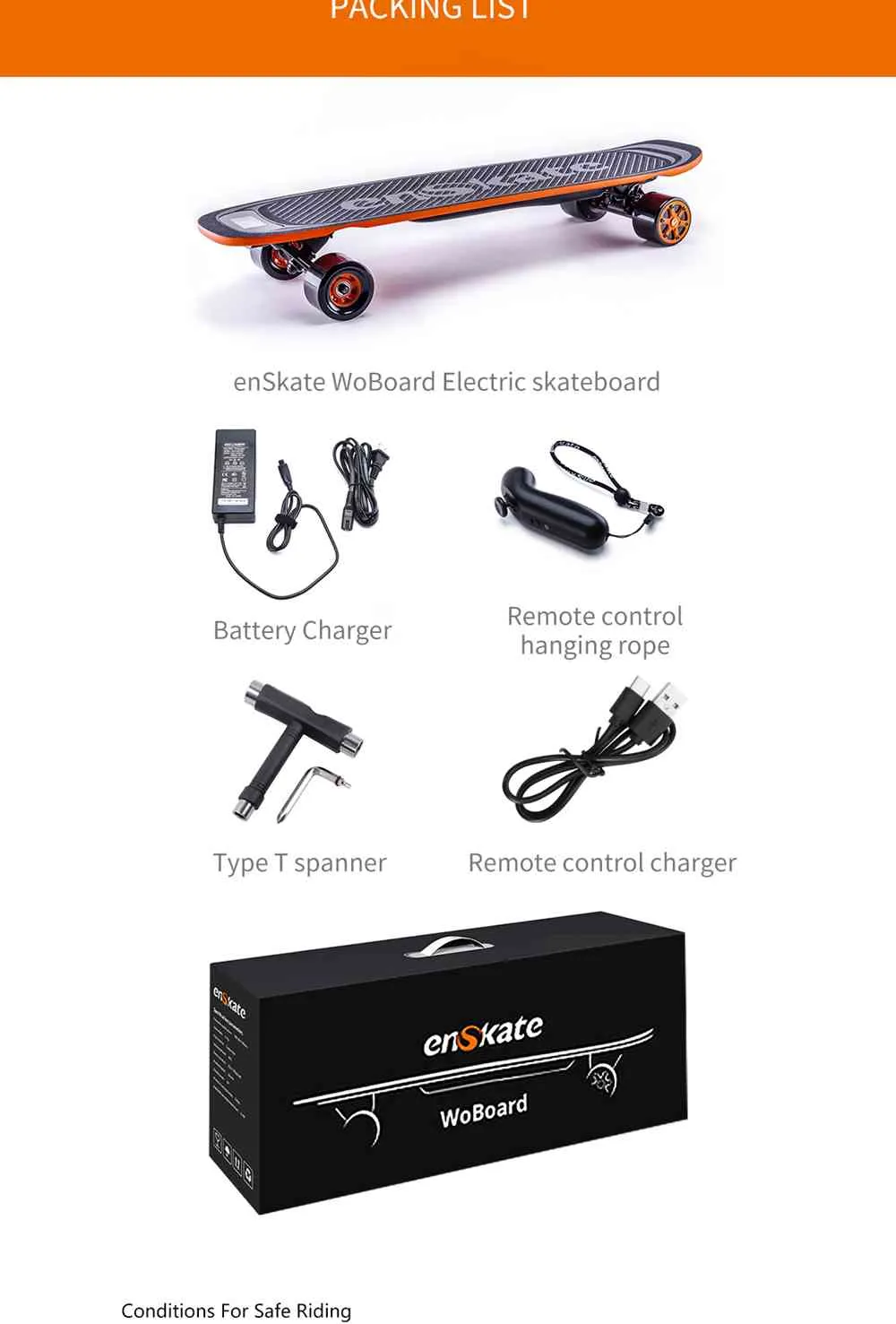 Enskate Woboard Electric Skateboard Max 35km/h With Remote Controller - Black + Orange