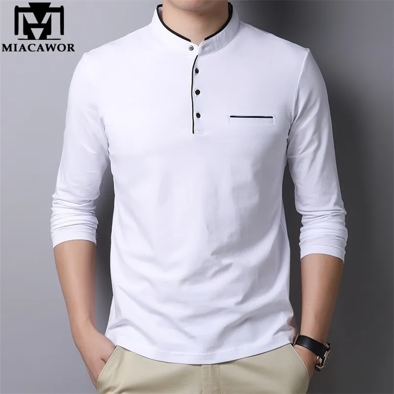 Miacawor New Spring Men Polo Shirt 95 Cotton Solid Color Mandarin Collar Long Sleeve Polo Menslim Fit Polo Homme 210319