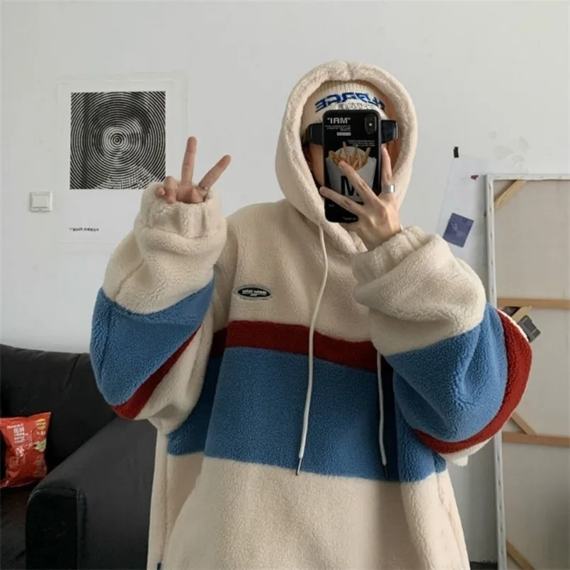 Japonya Kore tarzı moda polar hoodies erkekler patchwork çizgili kapüşonlu sweatshirtler erkek gevşek paltolar öğrenci rahat üstler pullover 220816