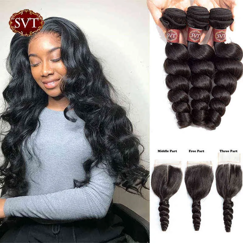 SVT Brazilian Hair Weave Bundles With Lace Closure Loose Wave Non-Remy Human 3 220609