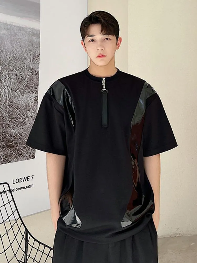 T-shirt da uomo SYUHGFA Abbigliamento uomo 2022 Estate manica corta T-shirt patchwork in pelle PU Moda coreana Tee allentato Streetwear per uomo