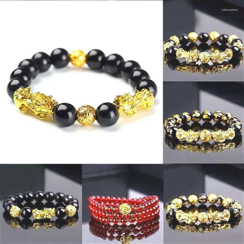 سحر أساور Feng Shui Obsidian Stone Beads Men Men نساء للجنسين معصم الذهب Black Pixiu الثروة ونتمنى لك التوفيق Braceletcharm inte2