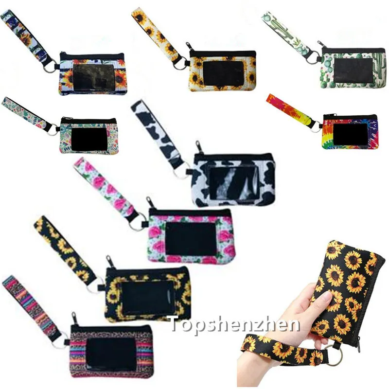 10 Design Print Sunflower Leopard Neoprene Credit Card Holder Lanyard Wristlets Pouch MultiFunction Zipper Wallet With Keychain For Women Girls