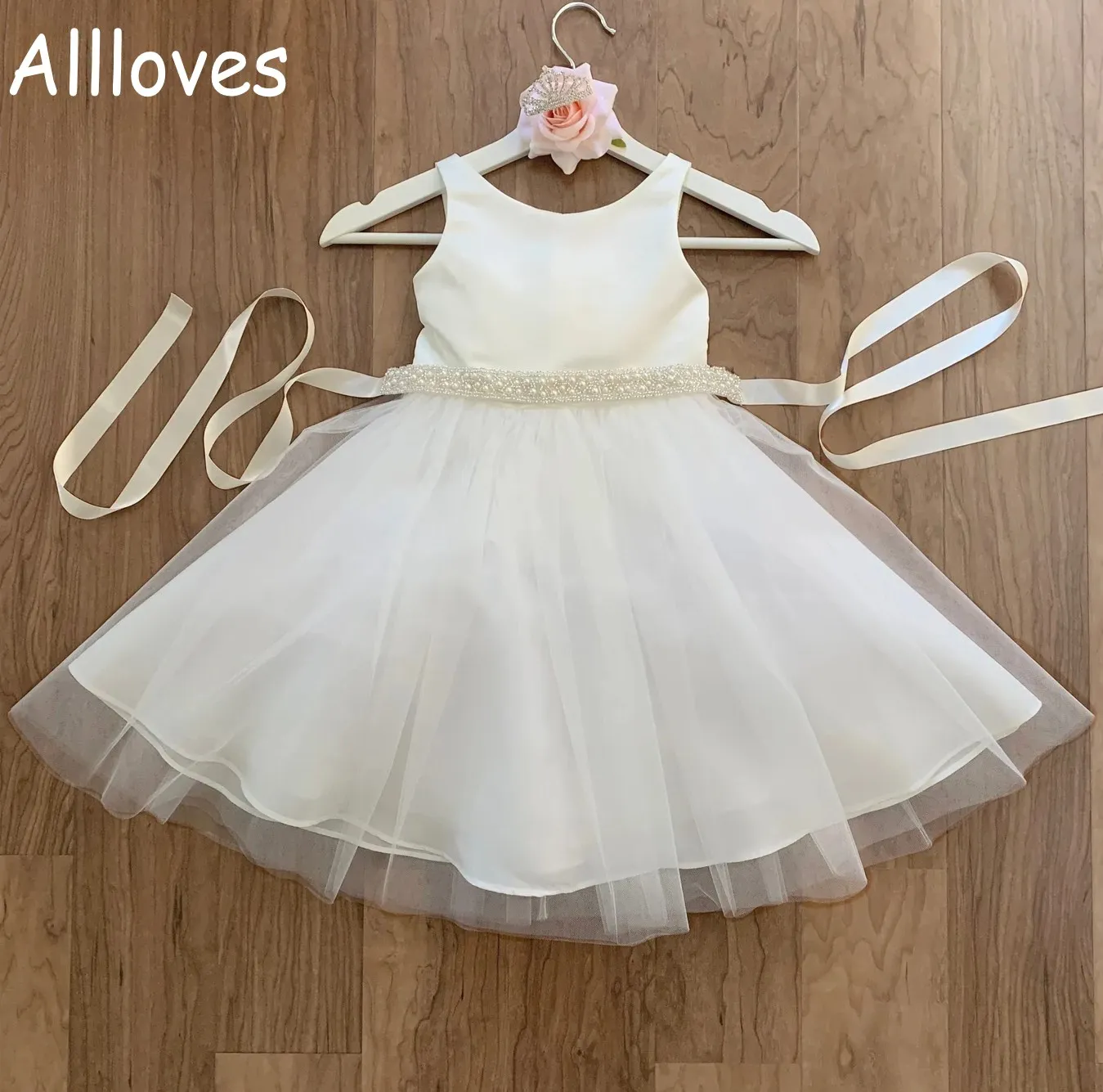 Classic Satin and Tulle Flower Girl Dress with Detachable Pearl Sash Belt Jewel Neck Simple Kids Baby First Communion Dress Formal Birthday Party Gown CL0256