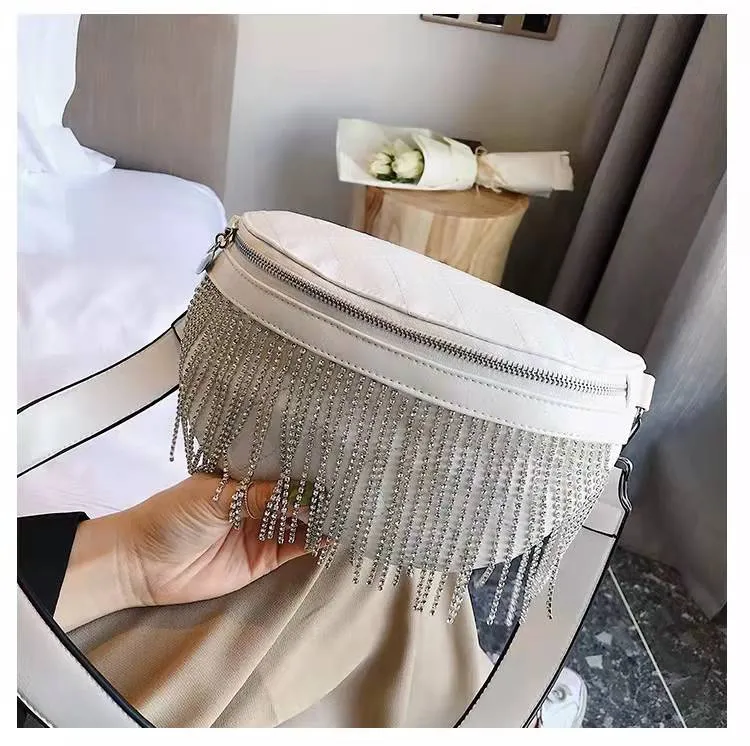 Luxury Cross Body Messenger bag for women Fashion Rhinestone fringe Waist bag Soft leather Designer shoulder bags Diamond Lattice Shiny tassel HBP