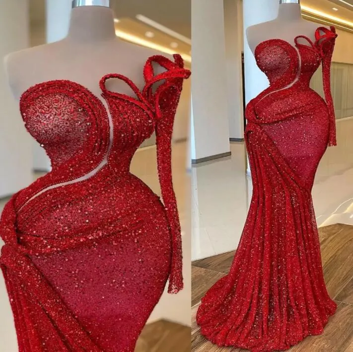 アラビア語のaso ebi red mermaid sparkly promドレスワンショルダースパンコールイブニングパーティーセカンドレセプションバースデーエンゲージメントガウンドレス