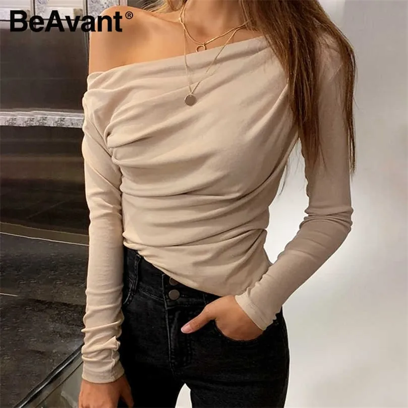 BeAvant Casual Collier oblique Femmes T-shirts tricotés à manches longues Déchets Femme Tops courts Solide Couleur Slim Flexible Dames Tops 210709