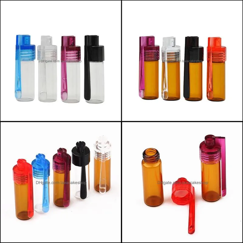 Colorful 36mm 51mm Travel Size Acrylic Plastic Bottle Snuff Snorter Dispenser Glass pill case Vial container box with spoon