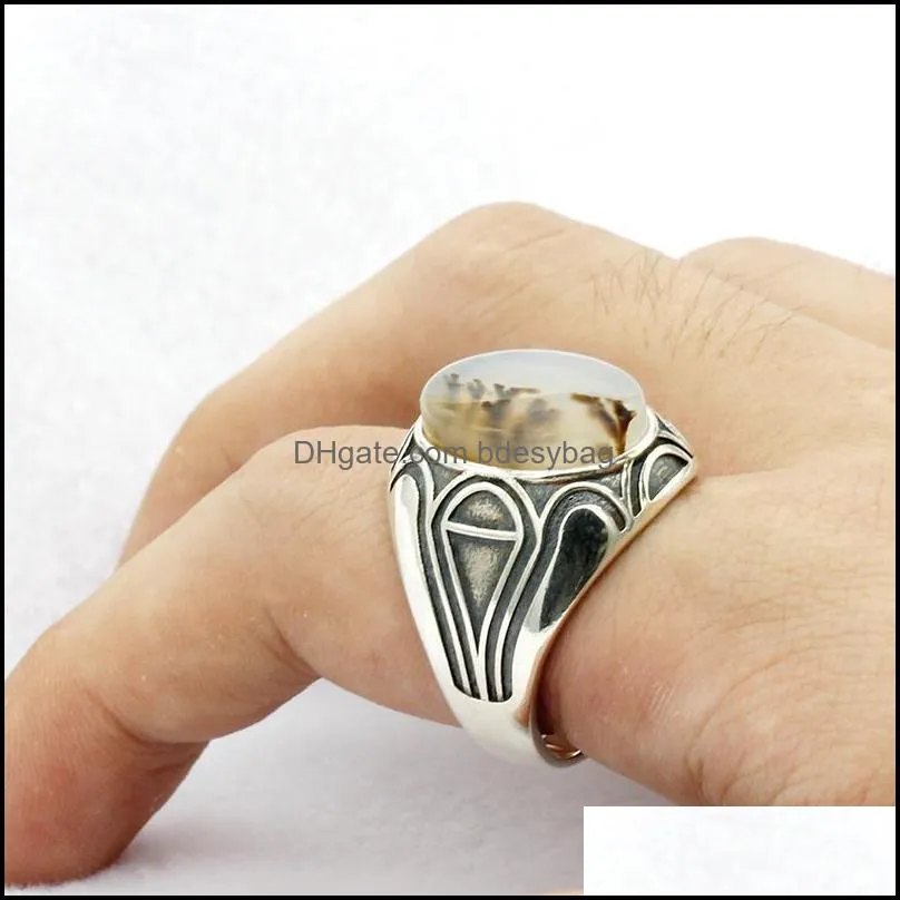 Cluster Rings Turkey Handmade 925 Sterling Silver Natural Agate Stone Men Ring Onyx Thai Craft Finger For Male Women Fine Jewelry