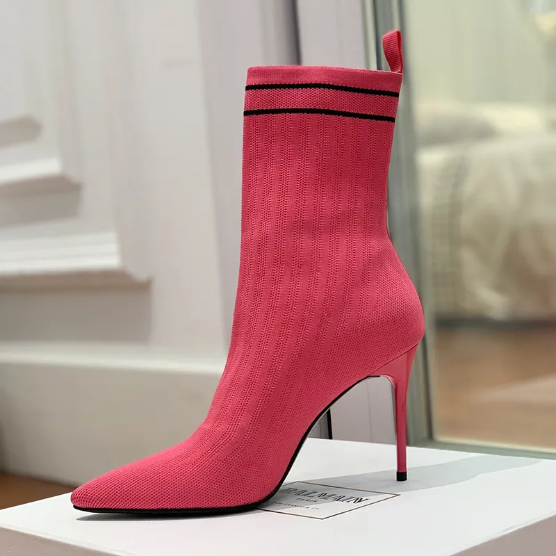 Stiletto Ankle Boots Fashion Sock Shoes For Womens Top Quality Sticked Elastic Socks Boot Designer 105cm Metal Heel Pointed Toes 7966362