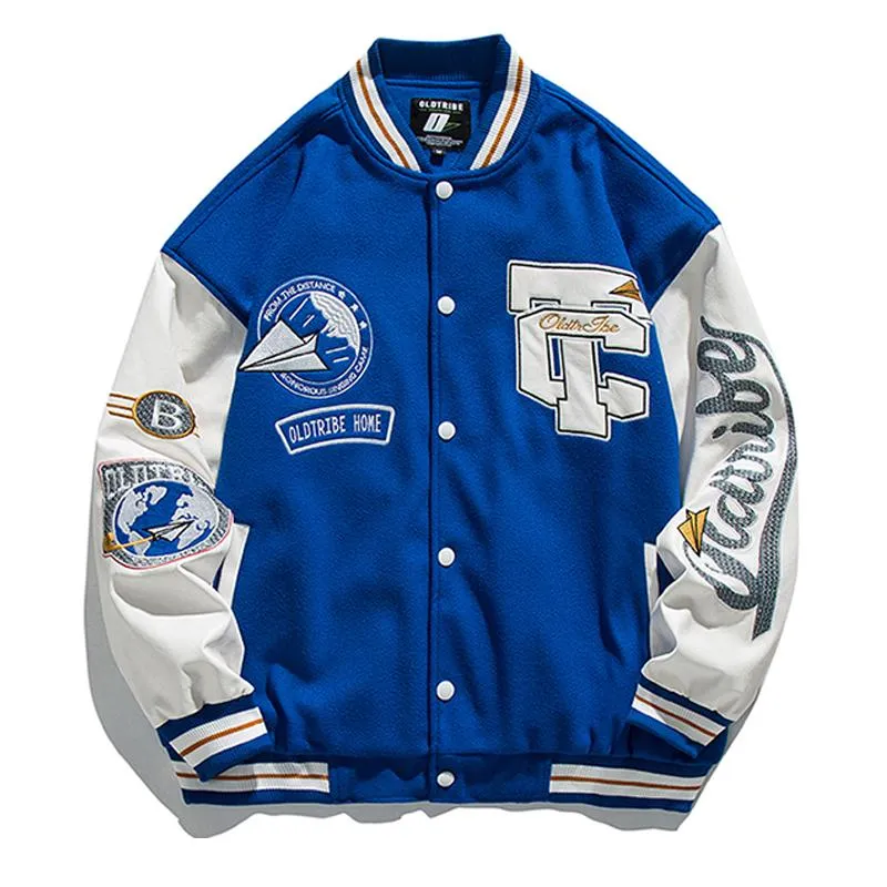 Men's Jackets Blue Bomber Jacket Men Vintage Leather Sleeve Varsity Baseball Coats Women Oversize Letterman Loose Autumn UniformMen's