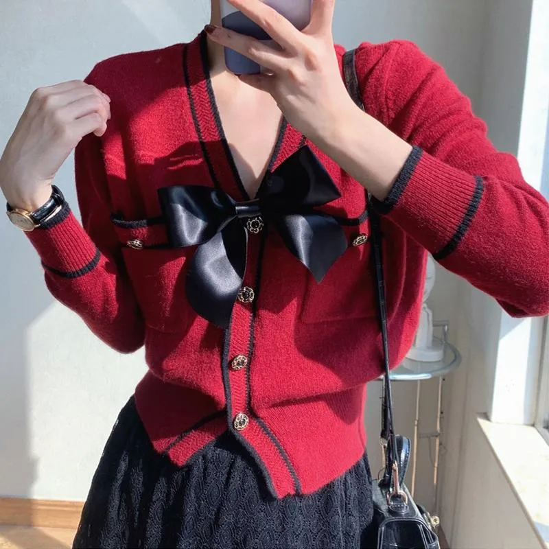 レディースニットティーニットカーディガンレッドショートファッションセーター女性の弓エレガントセーター長袖秋のハイウェイス