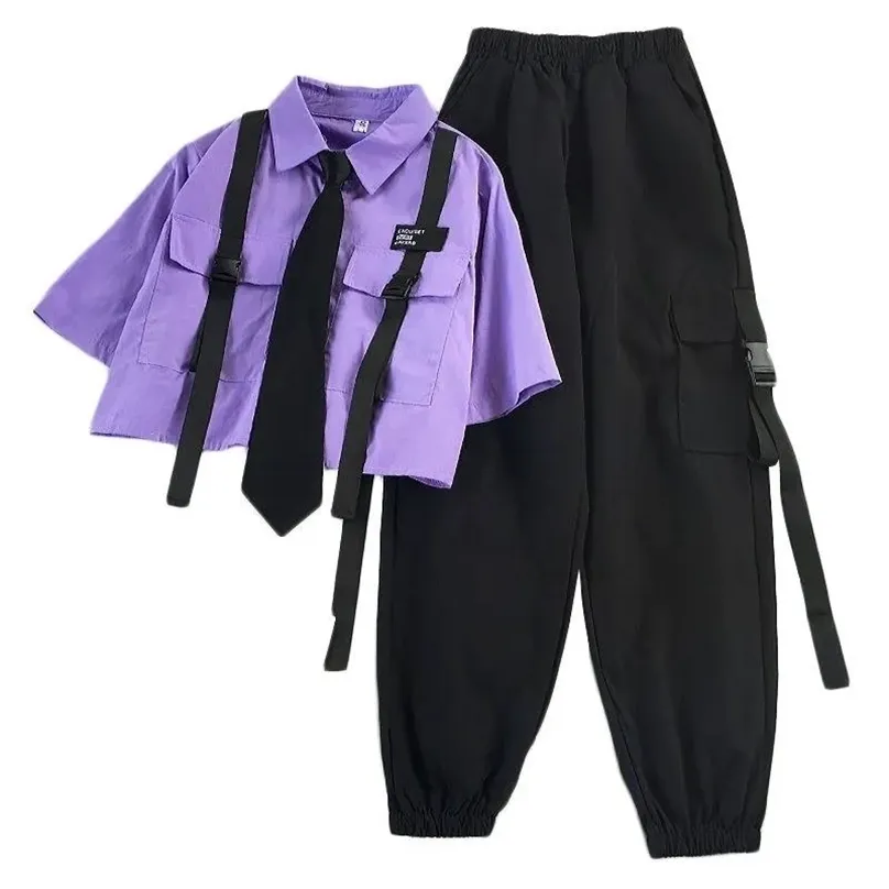 Autumn Streetwear Highwaist Straight Ribbon Cargo Pants Student Loose Shortsleeved Shirt With Tie Twopiece Set 220811