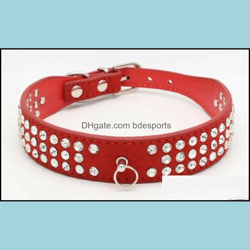 personalized Length Suede Skin Jeweled Rhinestones Pet Dog Collars Three Rows Sparkly Crystal Diamonds Studded Puppy Dog Collar