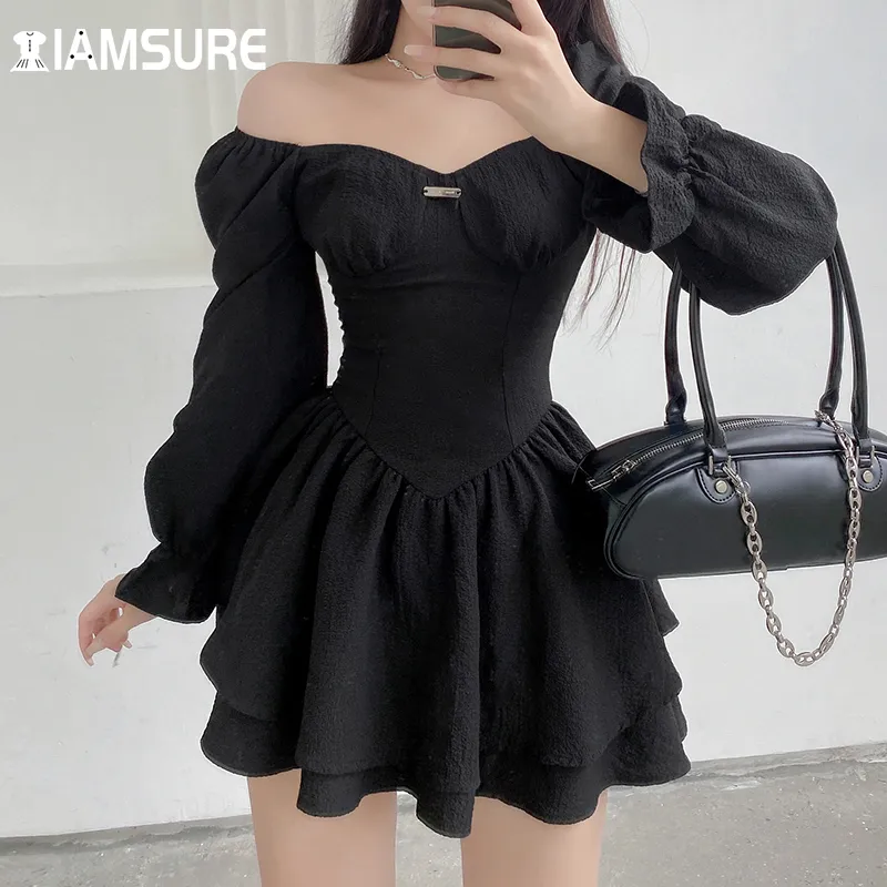 Iamsure Autumn Spring A Line Dress Sexig Slim Solid Collage Puff Sleeve Mini Dresses For Women Eleggant Fashion Ladies 220613