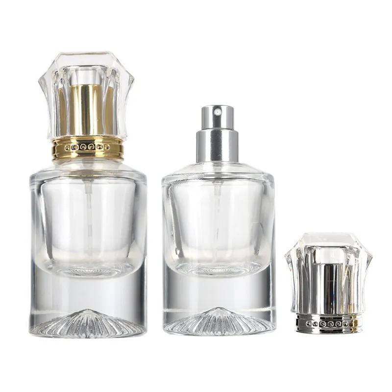 Perfume Bottle Refillable New 30ml Empty Round Thick Bottom Spray Crimpless Pump Acrylic Lid Cosmetic Packaging Clear Glass Vials