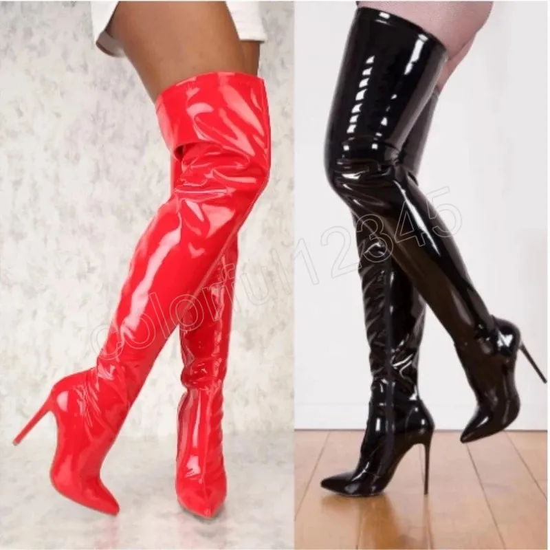 Trend Schwarz Sexy Über Das Knie Stiefel Frauen High Heels Damen Oberschenkel Hohe Frühling Leder Lange Stiefel Weibliche Schuh Plus größe