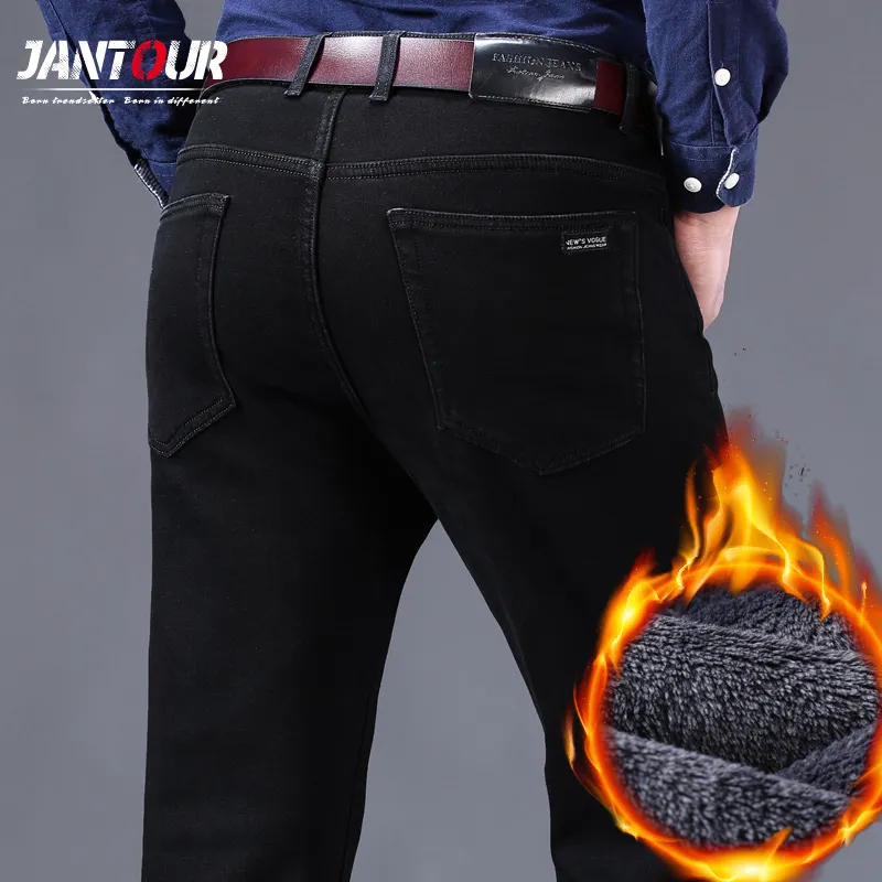 Jantour Men Fashion Geans Jens Black Color Slim Fit Stretch Pants Darm Velvet Pants Warm Darm Fleece Prouters Male 201111111111111111111