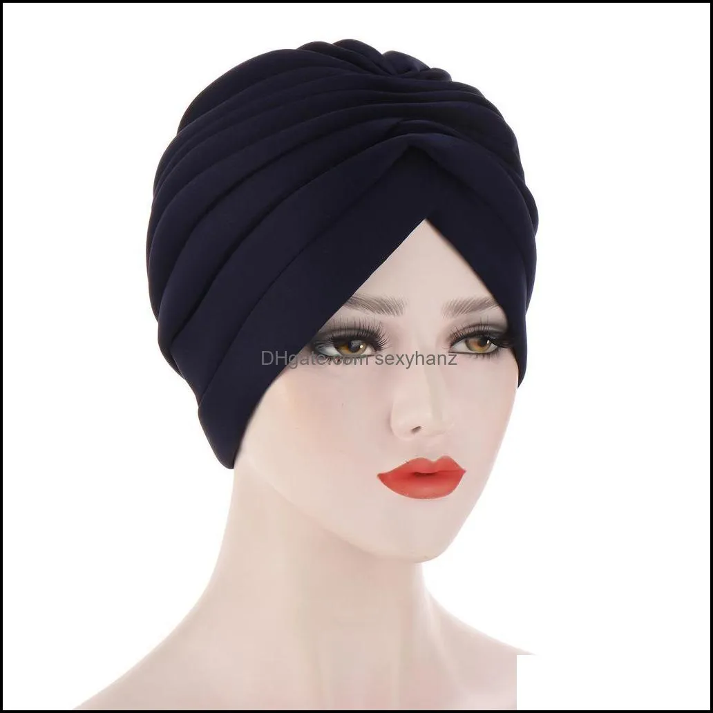 2021 Muslim Elastic Ruffle Cotton Turban Hat Cancer Chemo Beanies Cap Headwrap Plated for women Hair Loss Accessories