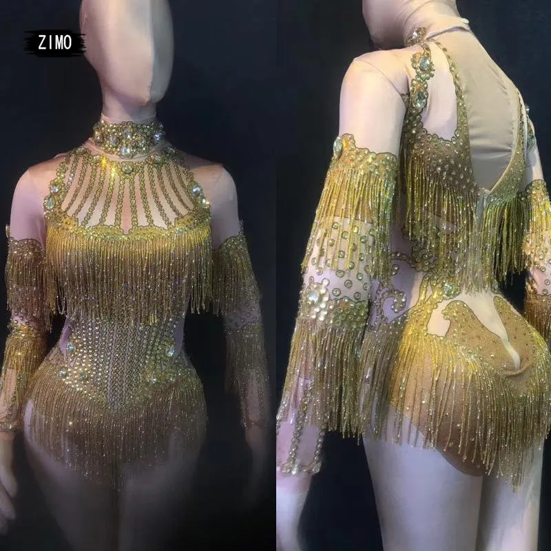 Women's Two Piece Pants Gold Silvery Rhinestones Long Sleeve Bodysuit Sexy Tassels Catsuits Nightclub Women DJ Costume Party Show Stage FWom