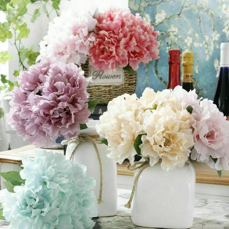 Flores decorativas Guirnaldas 5 cabezas / Ramo de peonías Flor de seda artificial Hortensias falsas para el arreglo de la boda del partido Decoración del hogar