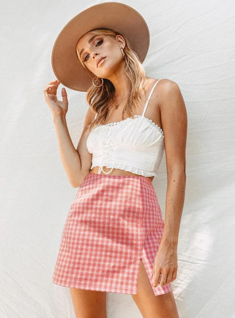 Checkered mini online skirt with slits