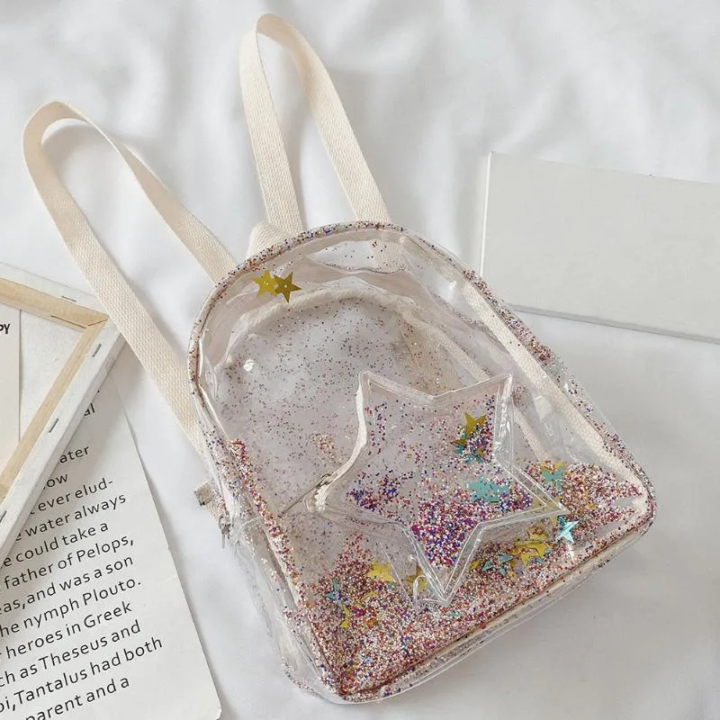 Mochila escolar de PVC transparente Mochila infantil com glitter estrela ombro bolsa de viagem feminina bolsa pequena