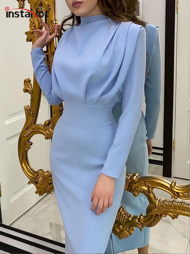 Insta Elegantes Damenkleid mit Stehkragen, schlanke Taille, solides blaues Knöchellängen-Herbst-Langarm-Casual-Partykleid, modisch, 220409