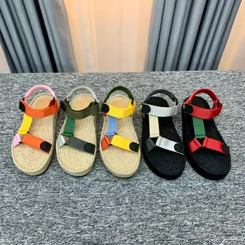 Strappy Espadrille Sandal Platform Sandaler Designer Dam Casual Weave Halmskor Nylon Webbing Tyg Remmar Broderade Jute Sula Storlek 35-45