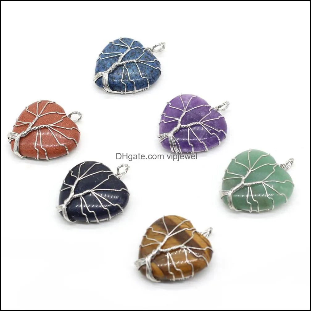 natural stone tree of life wire wrap heart charms rose quartz healing reiki crystal pendant diy necklace earrings women fashi vipjewel