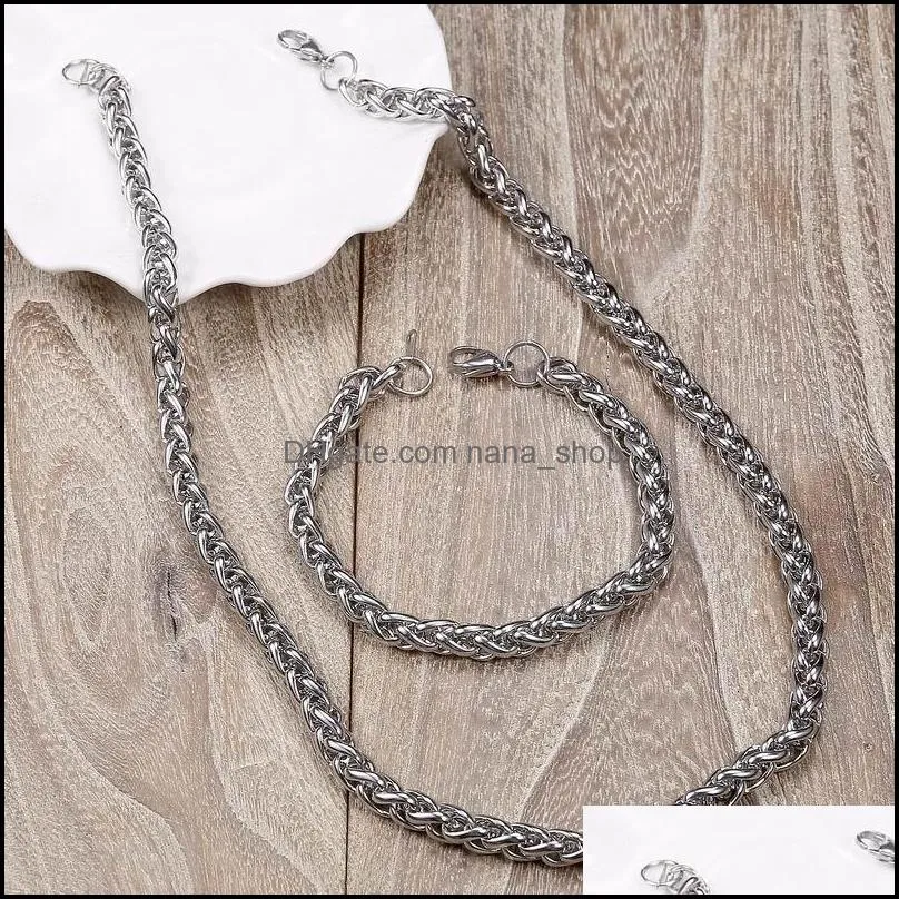Mens chain Necklace Bracelet Polished Silver Tone 316L Stainless Steel Chain Curb Cuban Link Chain Jewelry Set wholesale