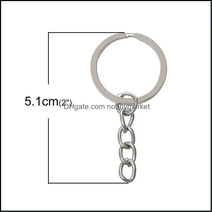 100 PCs Doreen Box Chains & Rings Round Alloy Silver Color Keychain 51mm x 24mm For DIY Jewelry Making Whole