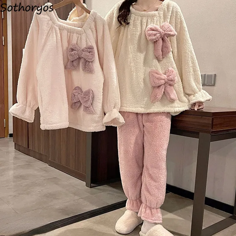 Ins kvinnor pyjama set flanell chic mjuk bekväm kawaii bow fyrkant krage vinter nya hemkläder lös varm enkel fritid tjock l220803