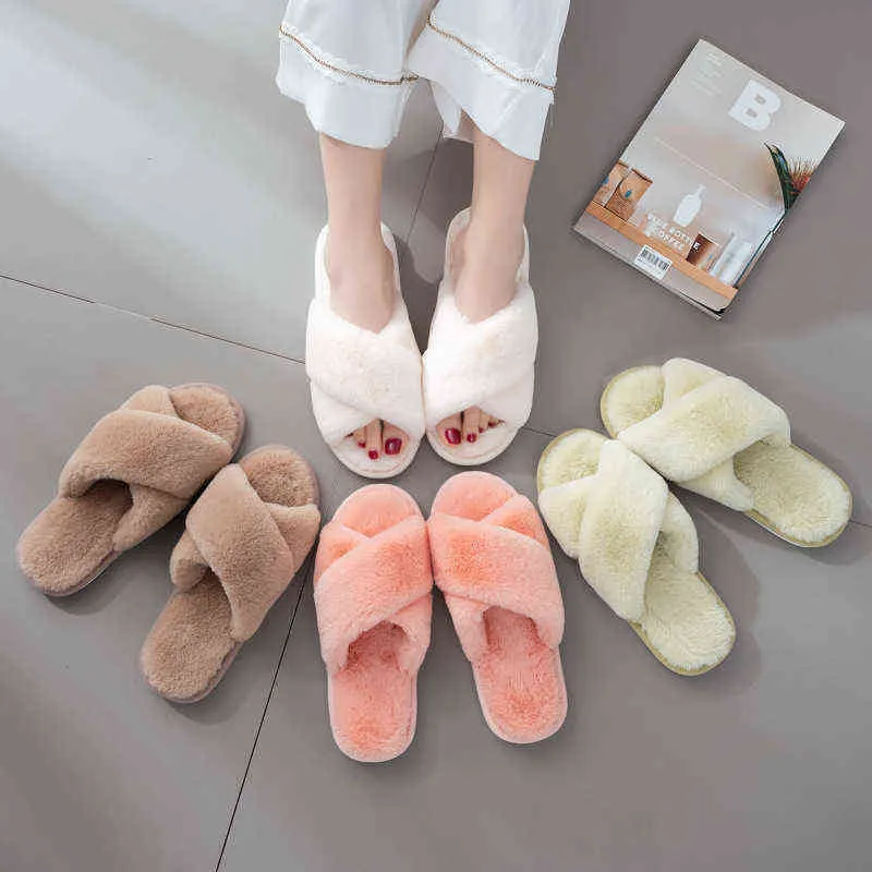 Nxy Slippers Slides New Indoor Plush Cross Slippers for Women fashion cute beach sandals ladies shoes 220808