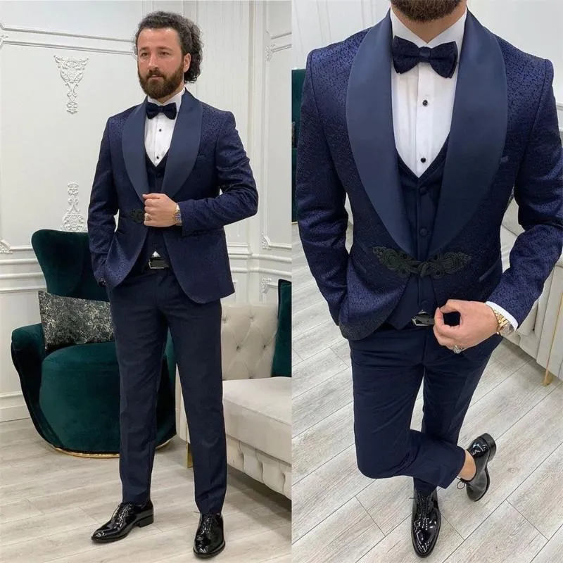 Men's Suits & Blazers Modern Men's Wedding Suit Navy Blue Jacquard Slim Fit Custom Groom/Groomsman Outfits Tuxedo Homme Business Casual
