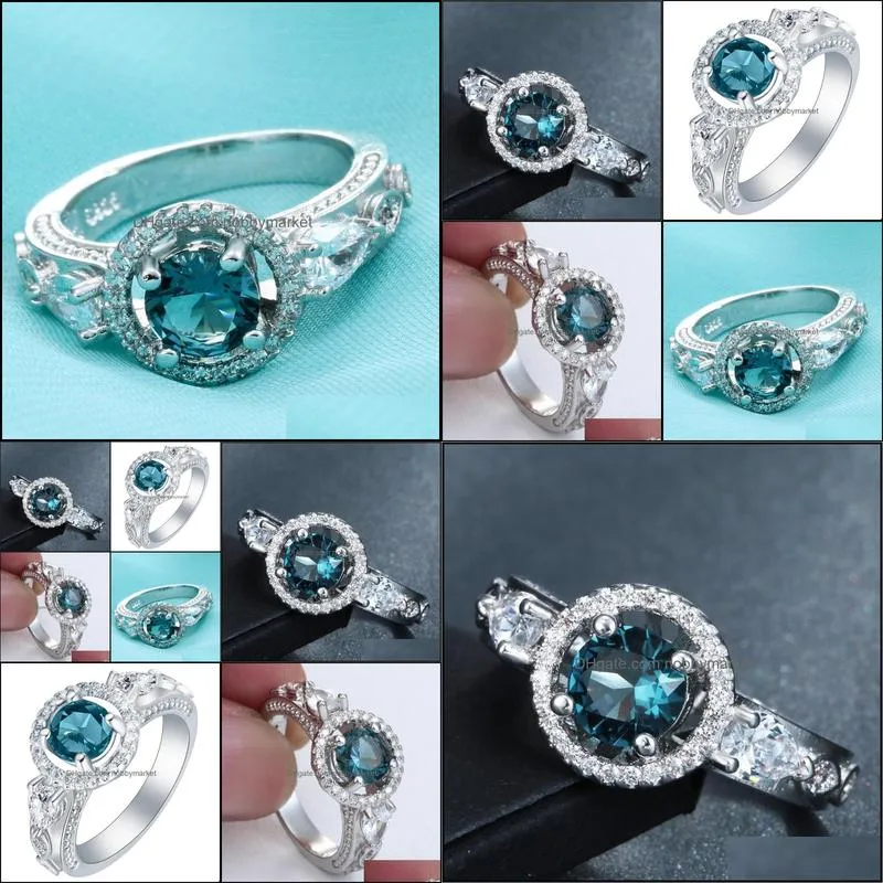 Wedding Rings Silver Plated Vintage Sky Blue Cz Zircon Jewelry Engagement Gift Luxury Promise For Women