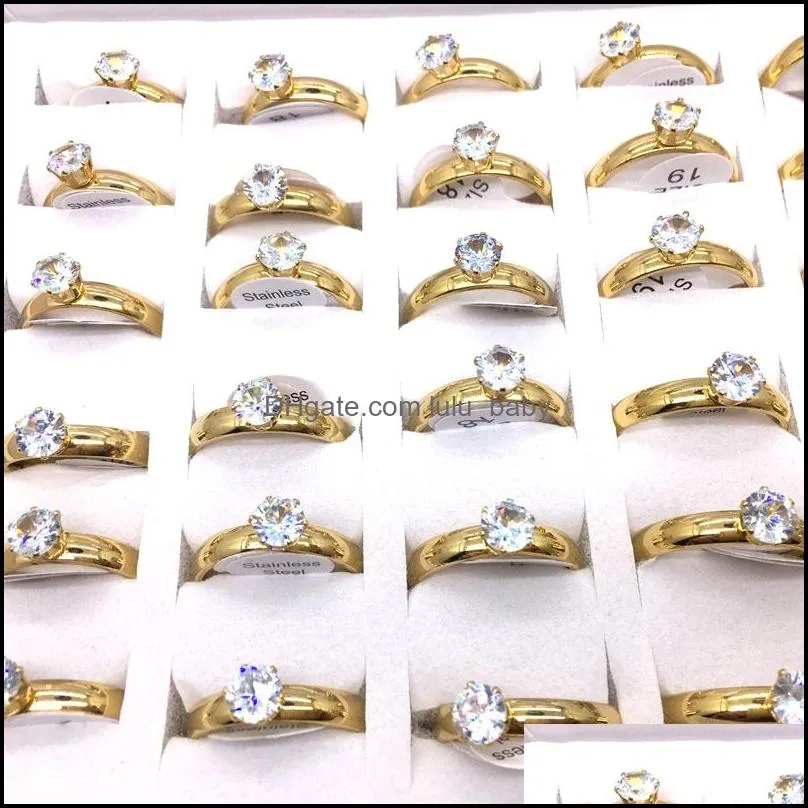 36pcs women`s rings gold plated zircon stone 4mm wide fashion stainless steel jewelry wedding band simple style