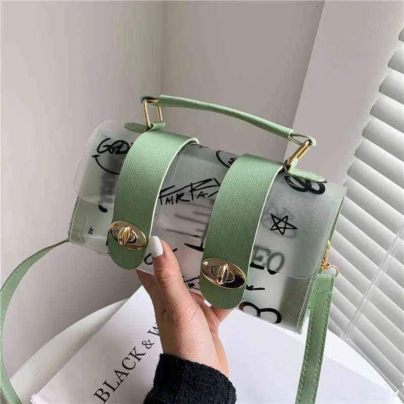 2022 New Women Shoulder Bag PVC Transparent Graffiti Messenger Female Bag Small Designer Handbag Purse Crossbody Bags for Women G220420