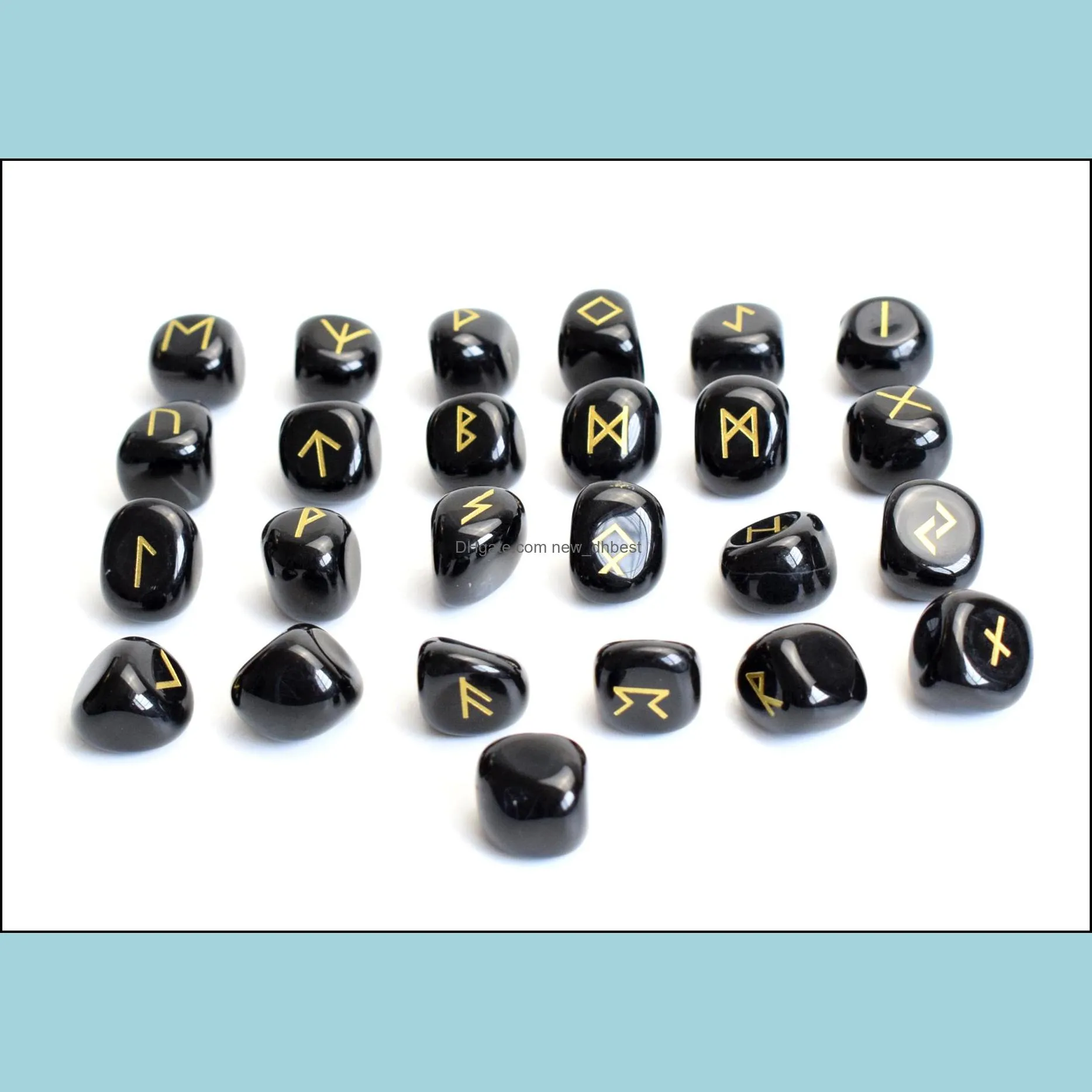 Set of 25 Black Agate Rune Stones Set Engraved Pagan Lettering with a Free Velvet Pouch