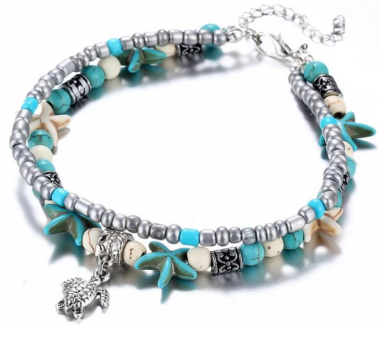 Blue Starfish Turtle Anklet Multilayer Charm Beads Sea Handmade Boho Anklet Foot Jewelry for Women Girl