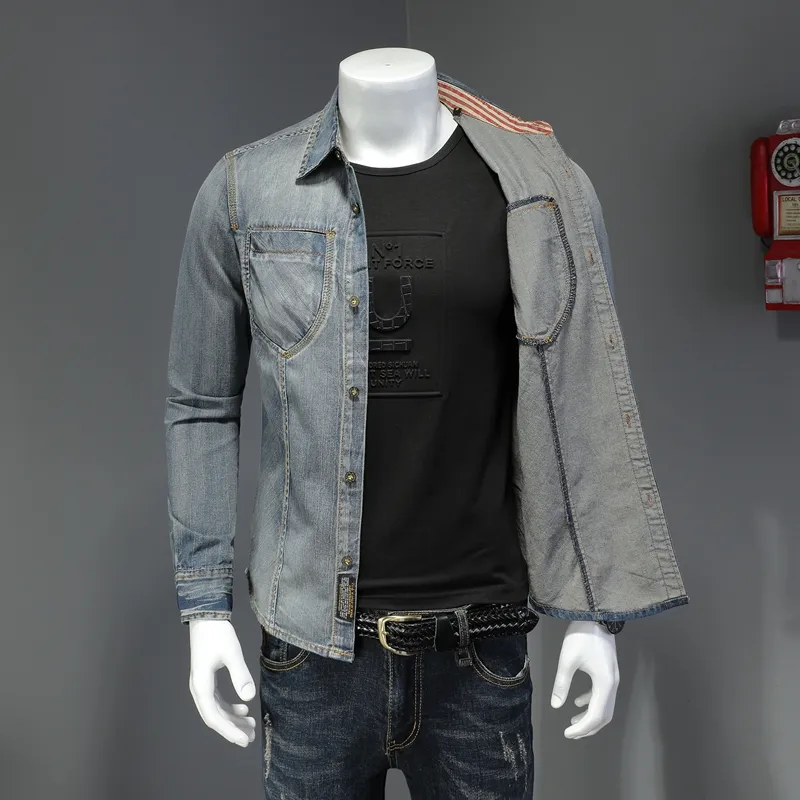 2023 Spring New Tops Tops Personalidade juvenil Camisas de mangas longas Design de linha aberta de jeans de jeans de colarinho quadrado de colar