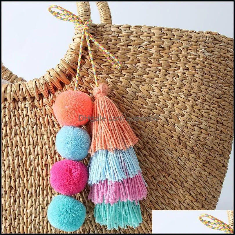 cute pompom tassel accessories keychain boho bag charm pendant keyring for women purse handbag decor y439z