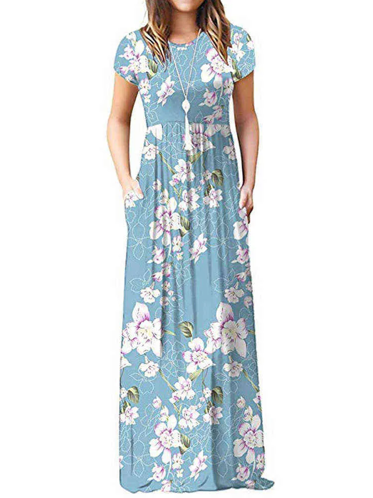 2022 été Maxi Robe florale femmes longue Robe de soirée dames poche ample à manches courtes décontracté fleur Robe Robe Femme G220510