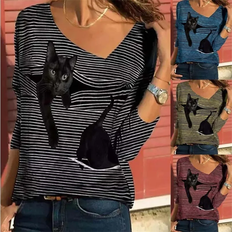 Весна осень повседневная смешная милая кошачья печени для женщин с длинным рукавом v Шея полоса футболка Lady Street Hipster Lose Pullovers 210317