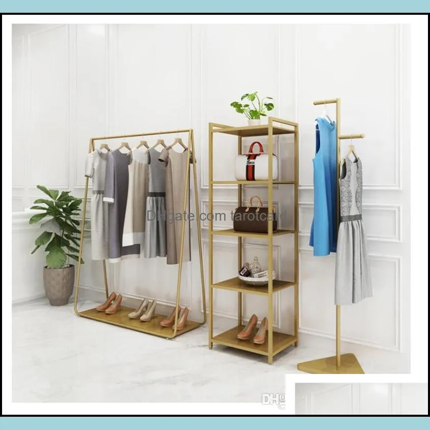 Golden clothing racks Bedroom Furniture Landing coat hanger in cloth stores Gold Iron Hat Frame multi-functional shoe rack