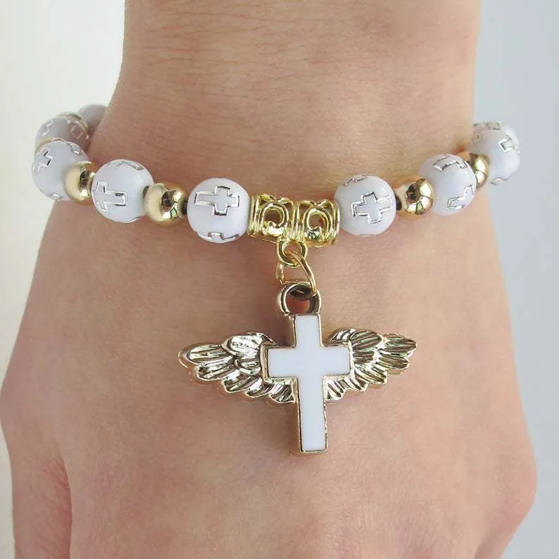 Ângulo religioso ângulo de miçanga asas cruzar pulseiras Rosário Centro Sagrado Coração de Mary Mercy Jesus Saint ícones Jóias 100pcs