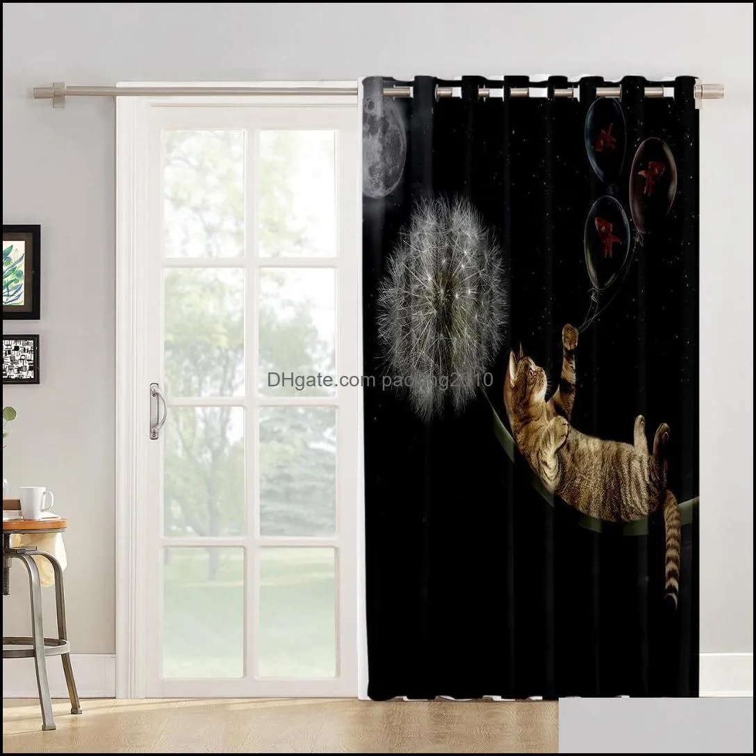 Dandelion cat Room Curtains Large Window Living Room Blackout Fabric Curtain Panels With Grommets Party Decoration Window