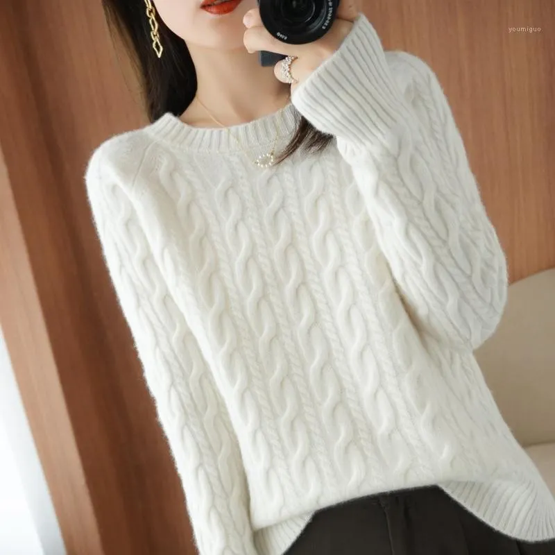 Женские свитеры 2022 женщины 100% шерсть кашемировой свитер о-шеи вязаный большой размер твист базовая рубашка осень зима густая теплая свободная пуловер блузка