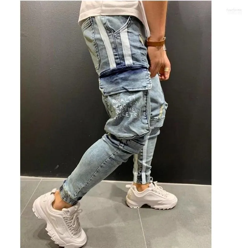 Męskie dżinsy boczne Paski Pencil Pants Hip-Hop Spodni multi-pockets Moto Biker Skinny Jogging Drukowane spodnie