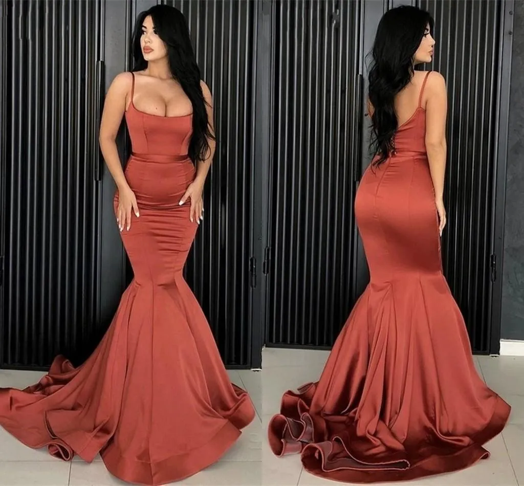 Sexy simples sereia vestidos de baile cetim cetim espaguete abre de volta mulheres árabes plus tamanho formal vestidos de festa varrer trem noite especial ocasião vestido feito sob encomenda